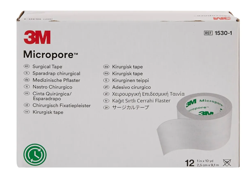 PACK X 12 CINTAS PAPEL MICROPORE 2.5 CM 3M BLANCA ADHESIVA - 3