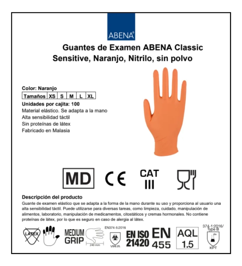 GUANTE EXAMEN ME DICO ABENA CLASSIC NITRILO SIN POLVO NARANJO - NARANJA - L - 4