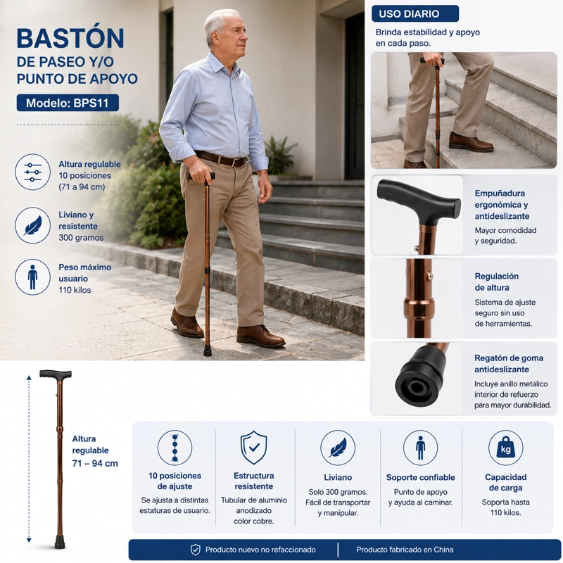 BASTON TIPO TELESCOPIO CROMADO + GOMA / REGATON DE REGALO - 3