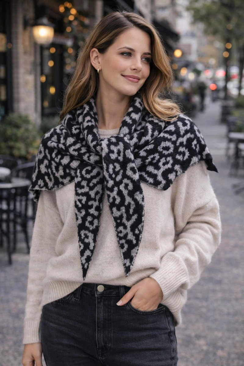 BUFANDA / CHAL TRIANGULAR REVERSIBLE TEJIDA ANIMAL PRINT - 2