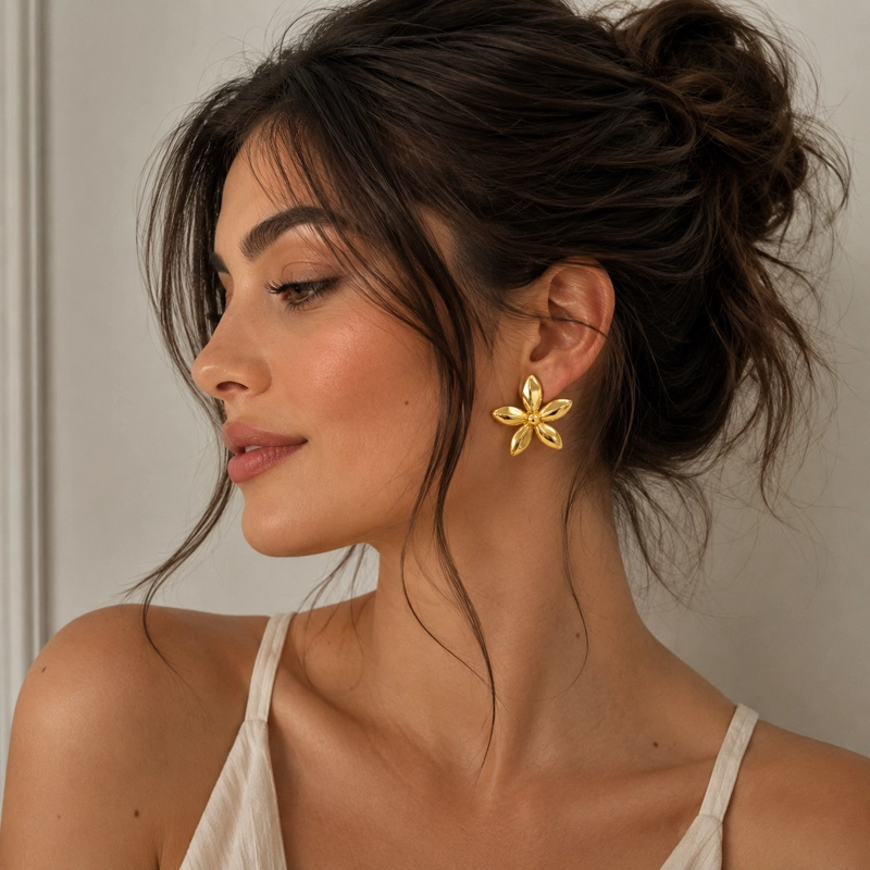 AROS FLOR PLATEADOS ACERO INOXIDABLE ESTILO MINIMALISTA MUJER TAMAÑO TALLA UNICA - 2