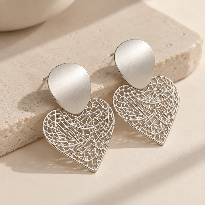 AROS CORAZON CALADO ACERO INOXIDABLE DORADO Y PLATEADO TAMAÑO 3 - 3