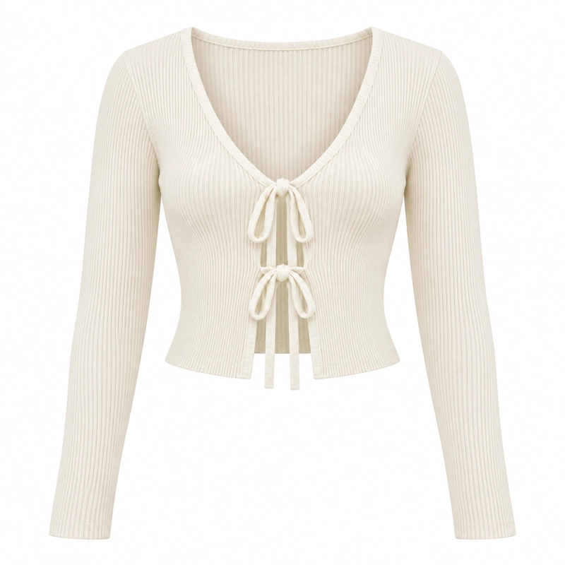 CARDIGAN CROP MUJER TEJIDO ESCOTE V CON LAZO - 2