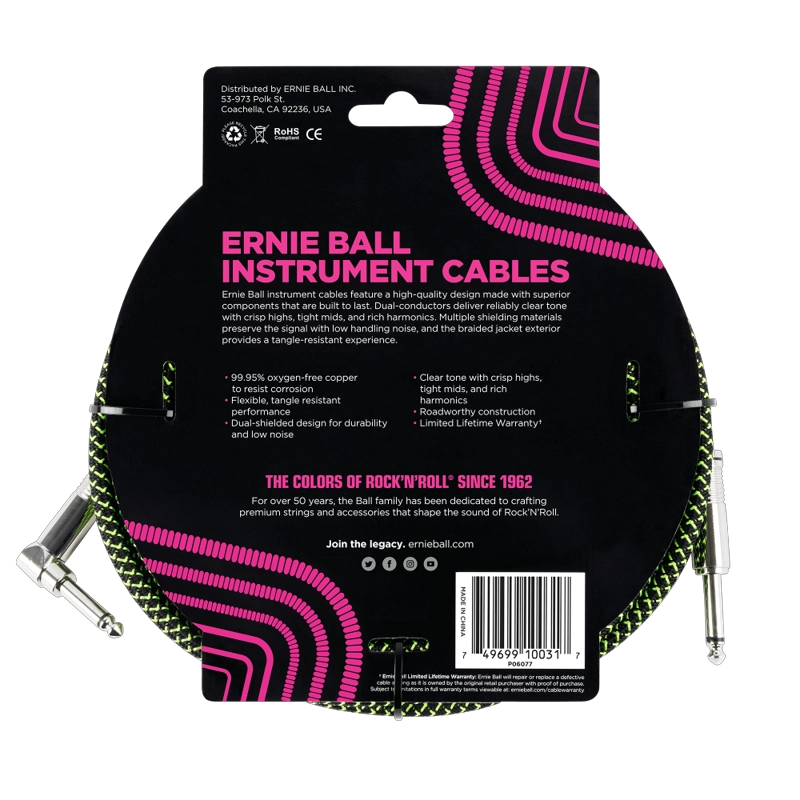 CABLE DE INSTRUMENTO TRENZADO VERDE/ NEGRO 3M ERNIE BALL 6077 - 2