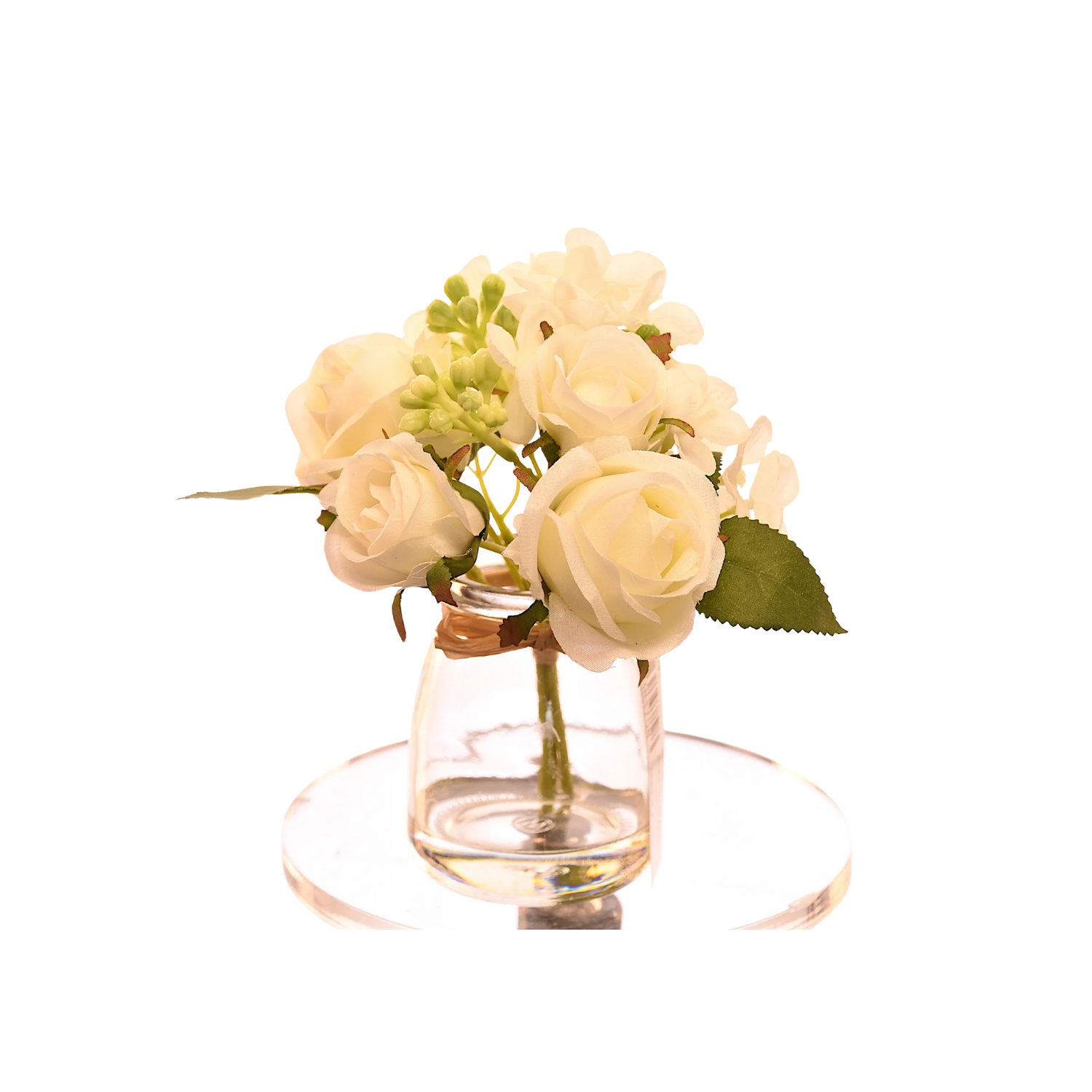 ARREGLO DE FLORES BLANCAS ARTIFICIALES DE 17 CM EN FLORERO DE VIDRIO - 1