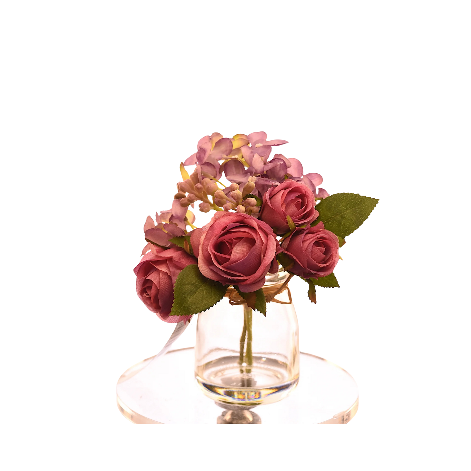 ARREGLO DE FLORES ROSADO OSCURO ARTIFICIALES DE 15 CM EN FLORERO DE VIDRIO - 1