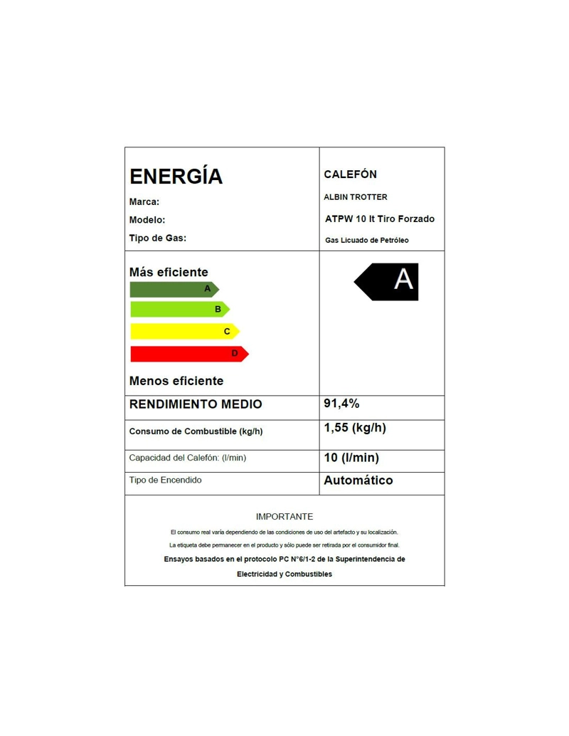 CALEFONT ALBIN TROTTER 10 LITROS TIRO FORZADO GAS LICUADO N20 - 11