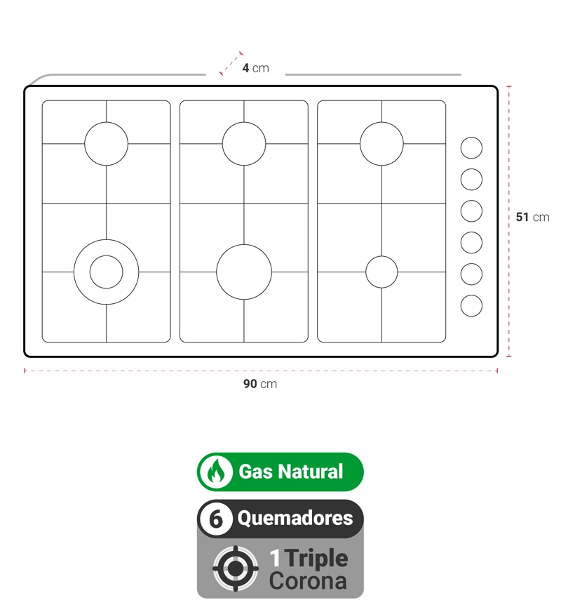ENCIMERA GAS NATURAL ALBIN TROTTER QUADRA 90 CM 6 PLATOS - 5
