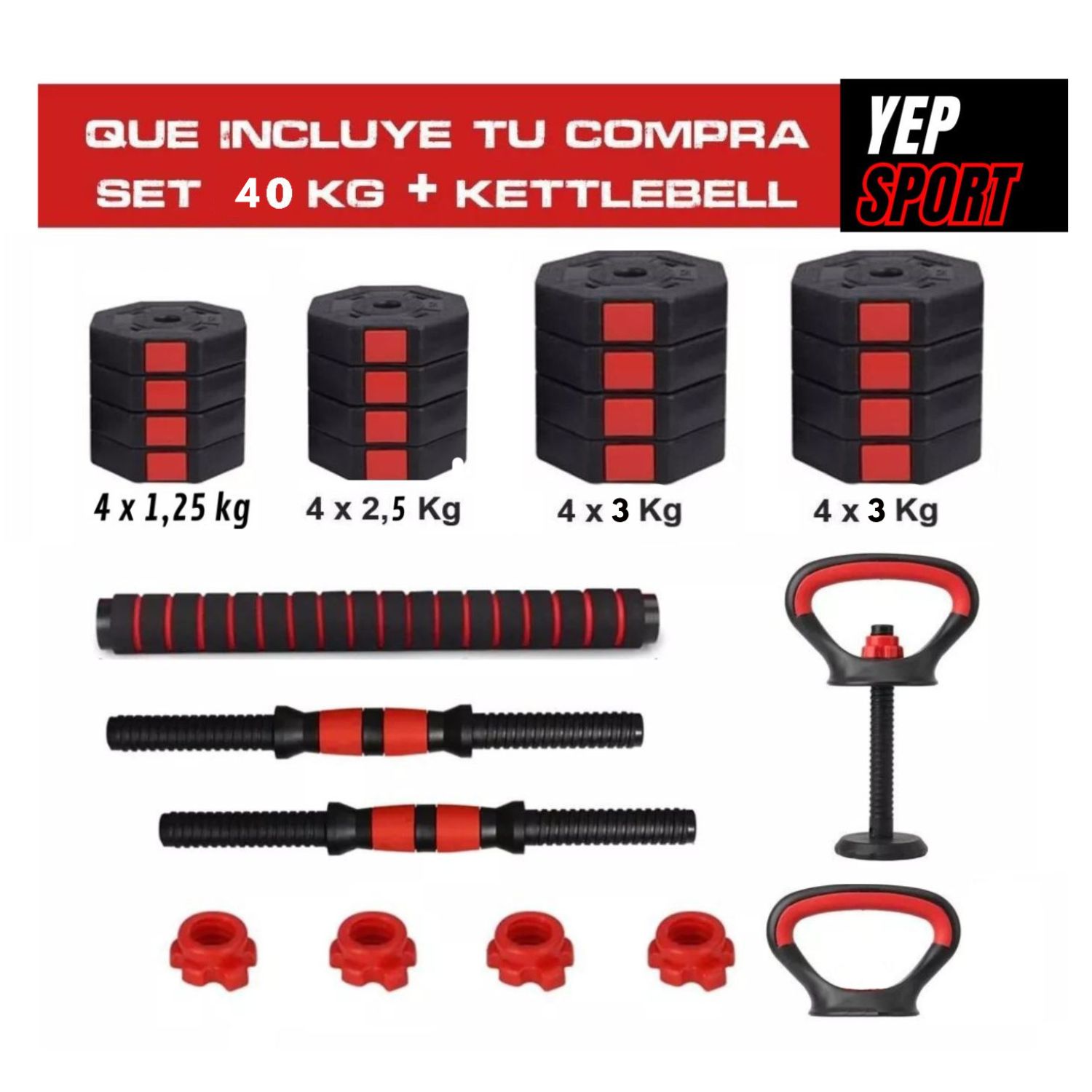 SET MANCUERNAS BARRA RUSA KETTLEBELL AJUSTABLES 40 KG - 6