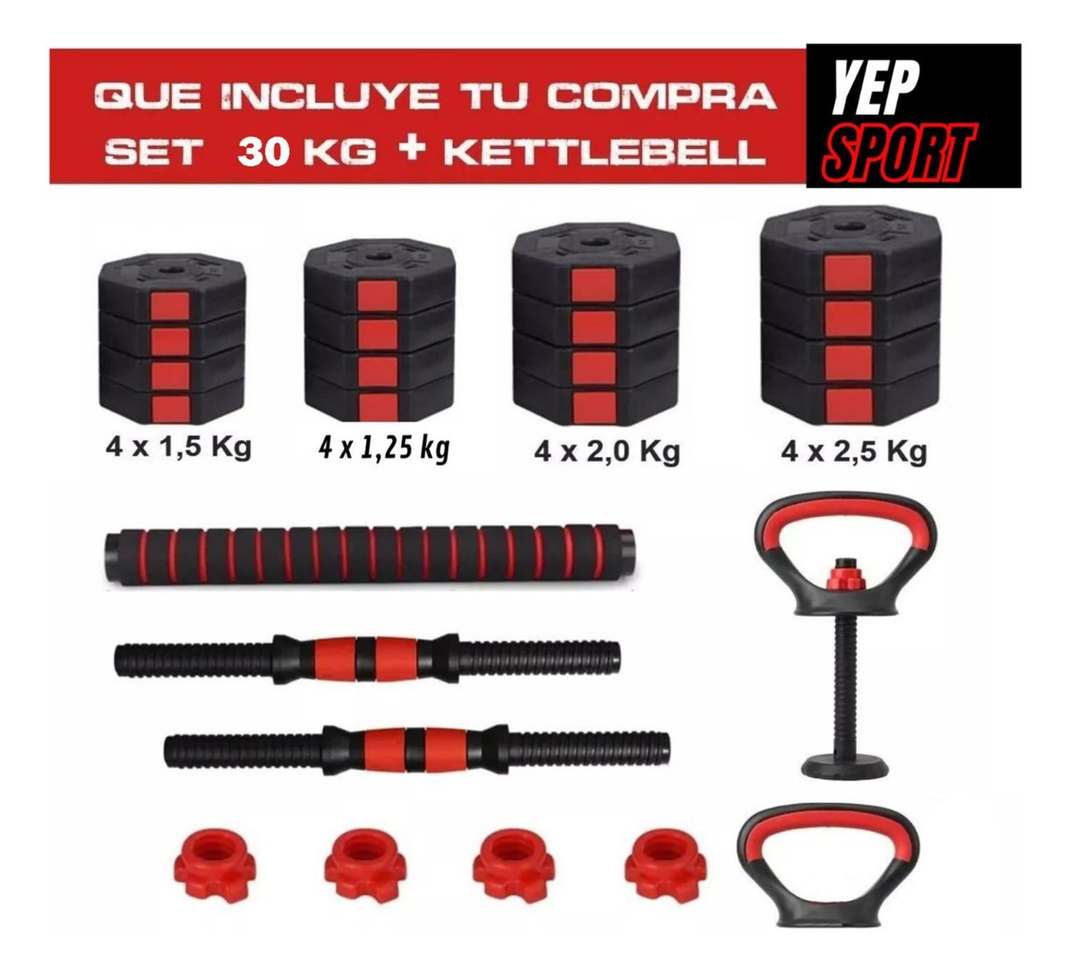 SET MANCUERNAS BARRA RUSA AJUSTABLES 30 KG 3 EN 1 - 4