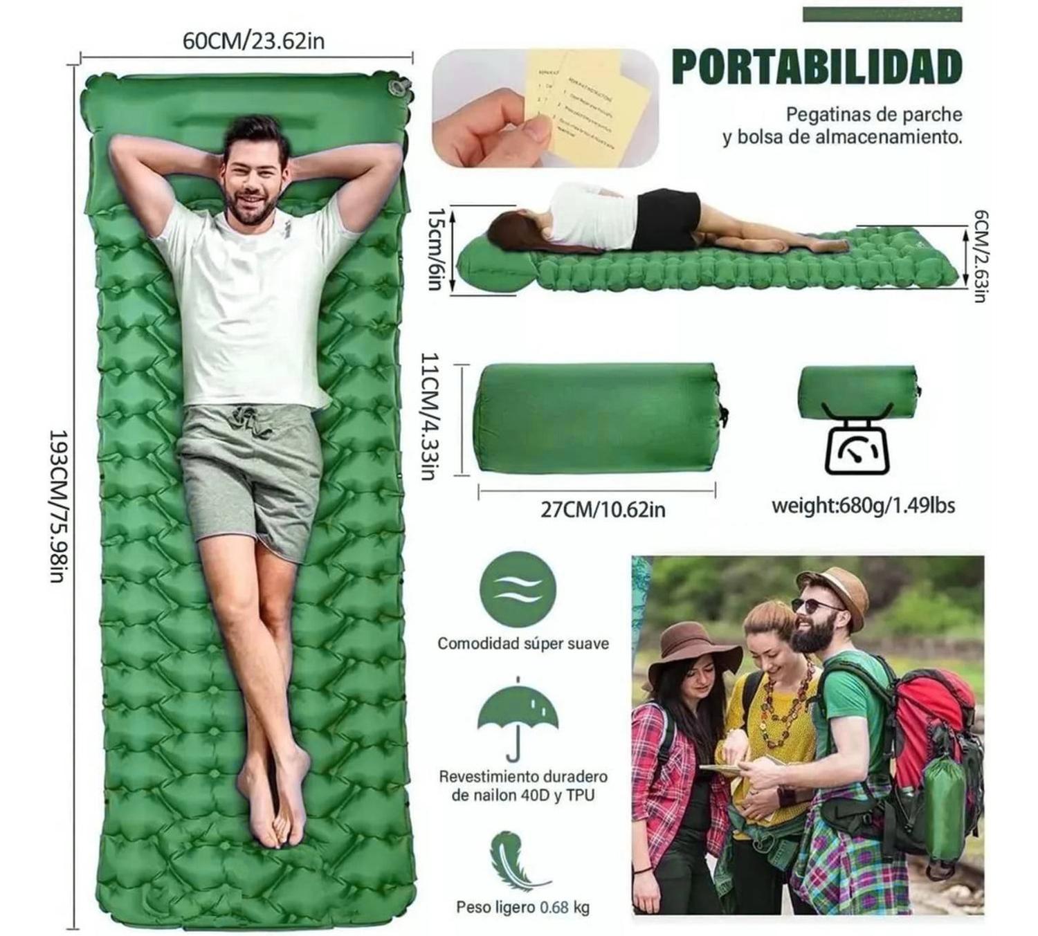 COLCHON INFLABLE PLEGABLE PARA CAMPING OUTDOOR VERDE - 2
