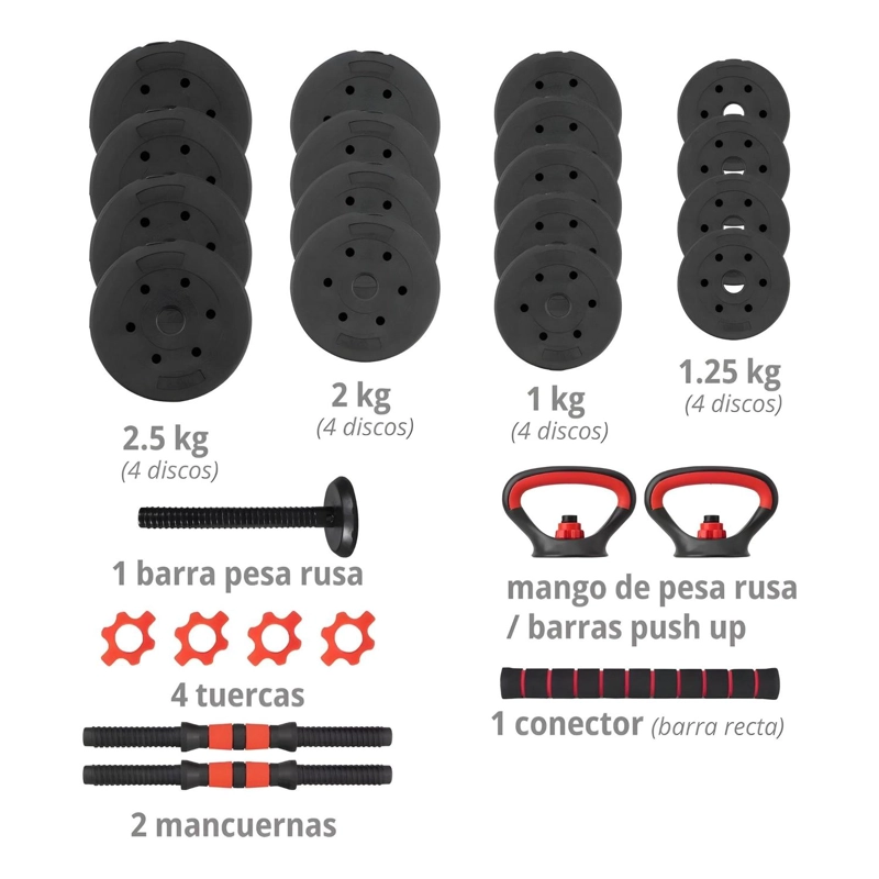 SET MANCUERNAS BARRA RUSA AJUSTABLES 30 KG 4 EN 1 NEGRO - 2