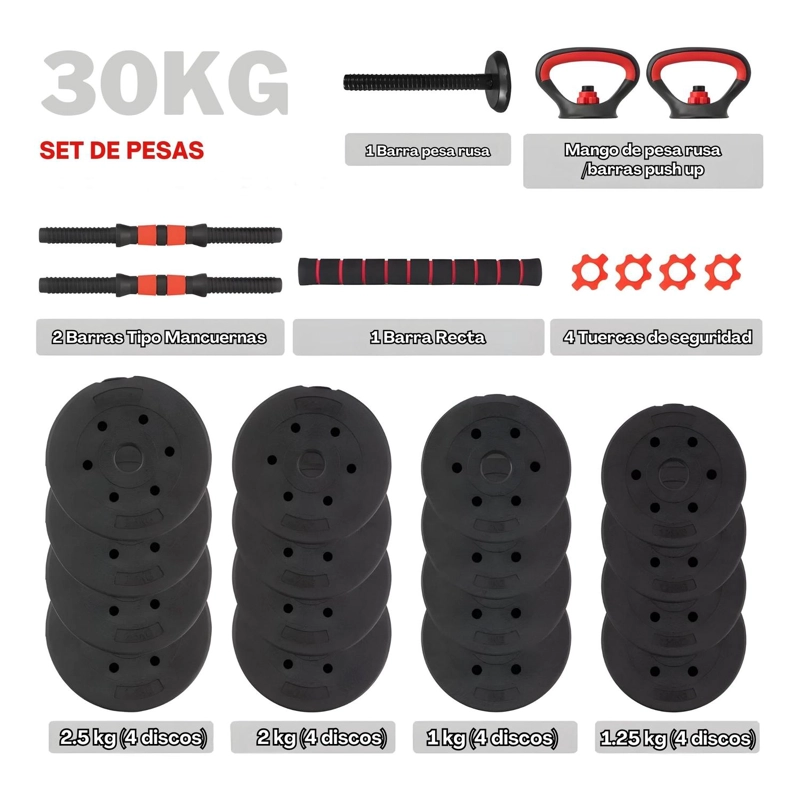 SET MANCUERNAS BARRA RUSA AJUSTABLES 30 KG 4 EN 1 NEGRO - 3