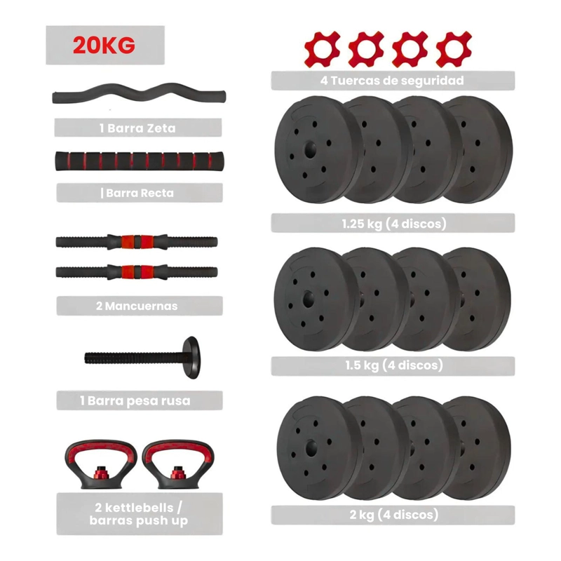 SET MANCUERNAS 20 KG 5 EN 1 BARRA Z - 2
