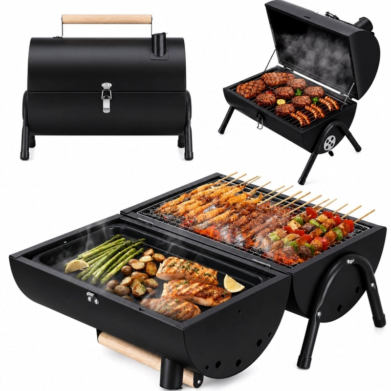 PARRILLA AHUMADOR DOBLE PORTATIL CARBON CAMPING - 1