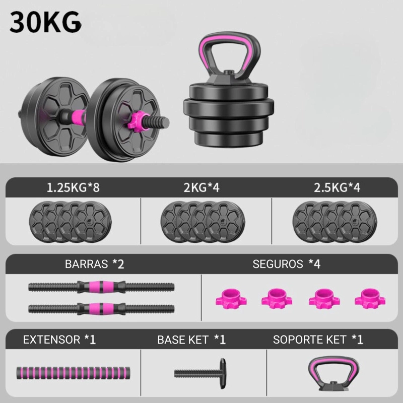 SET MANCUERNAS BARRA AJUSTABLES 30 KG 3 EN 1 ROSA - 2