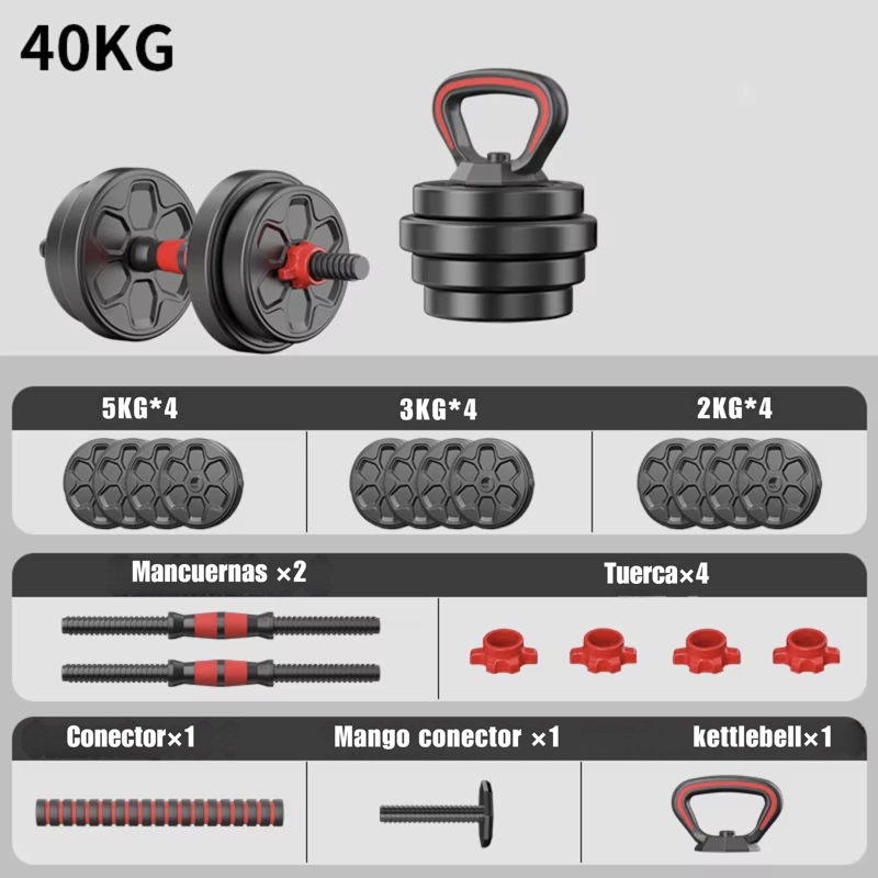 MANCUERNAS 40 KG BARRA AJUSTABLES 3 EN 1 ROJA - 2