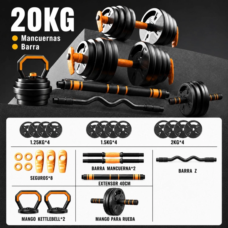 SET 20 KG MANCUERNAS BARRA PESA RUSA ROLLER 6 EN 1 NEWGEN - 2