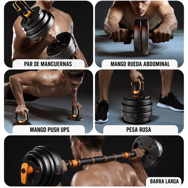 SET 20 KG MANCUERNAS BARRA PESA RUSA ROLLER 6 EN 1 NEWGEN - 3