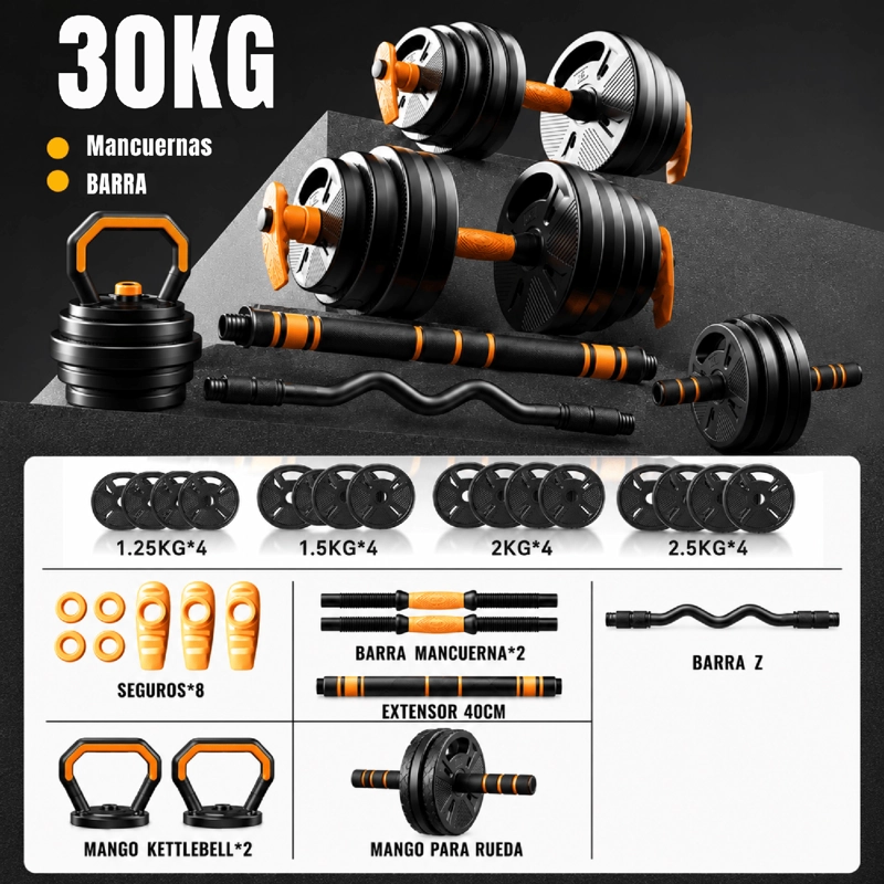 SET 30 KG MANCUERNAS BARRA PESA RUSA ROLLER 6 EN 1 NEWGEN - 2
