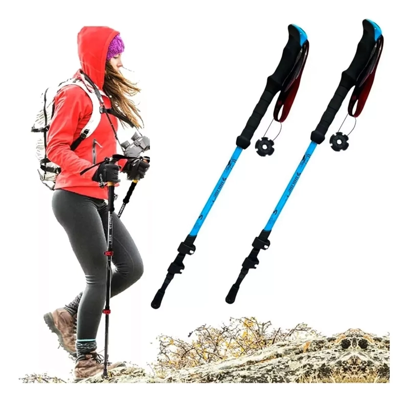 2 BASTÓN TREKKING SENDERISMO CAMPING ACERO CROMADO 3 TRAMOS DURALUMIN 7075 AZUL - 1