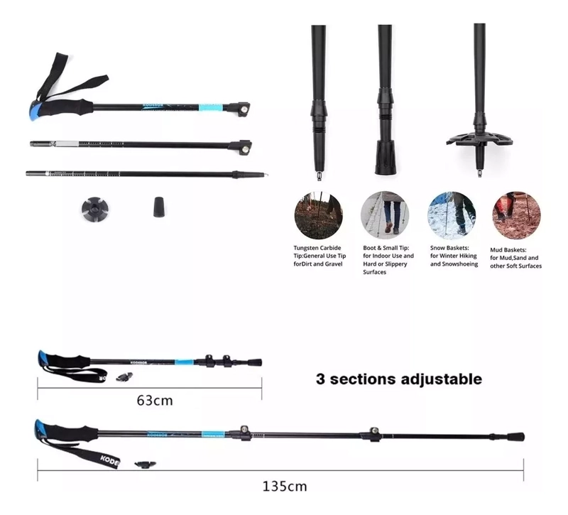 2 BASTÓN TREKKING SENDERISMO CAMPING ACERO CROMADO 3 TRAMOS DURALUMIN 7075 AZUL - 3