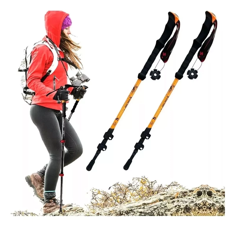 2 BASTÓN TREKKING SENDERISMO CAMPING ACERO CROMADO 3 TRAMOS DURALUMIN 7075 NARANJA - 1