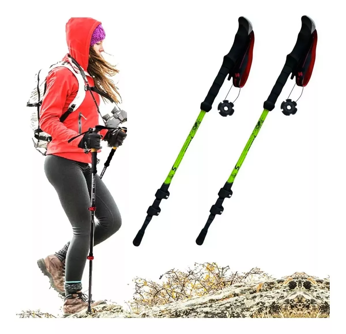 2 BASTÓN TREKKING SENDERISMO CAMPING ACERO CROMADO 3 TRAMOS DURALUMIN 7075 VERDE - 1