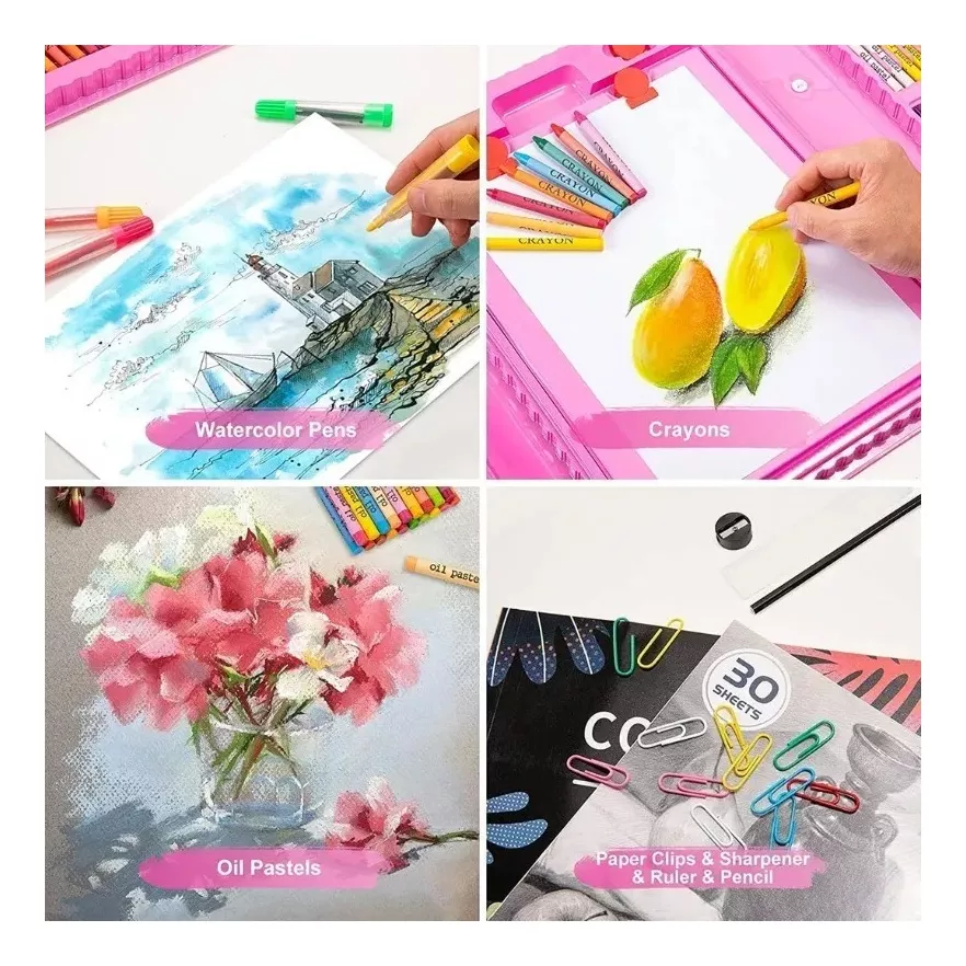 MALETA 208 PIEZAS DIBUJO INFANTIL APRENDIZAJE ARTE ESCOLAR ROSADO - 3
