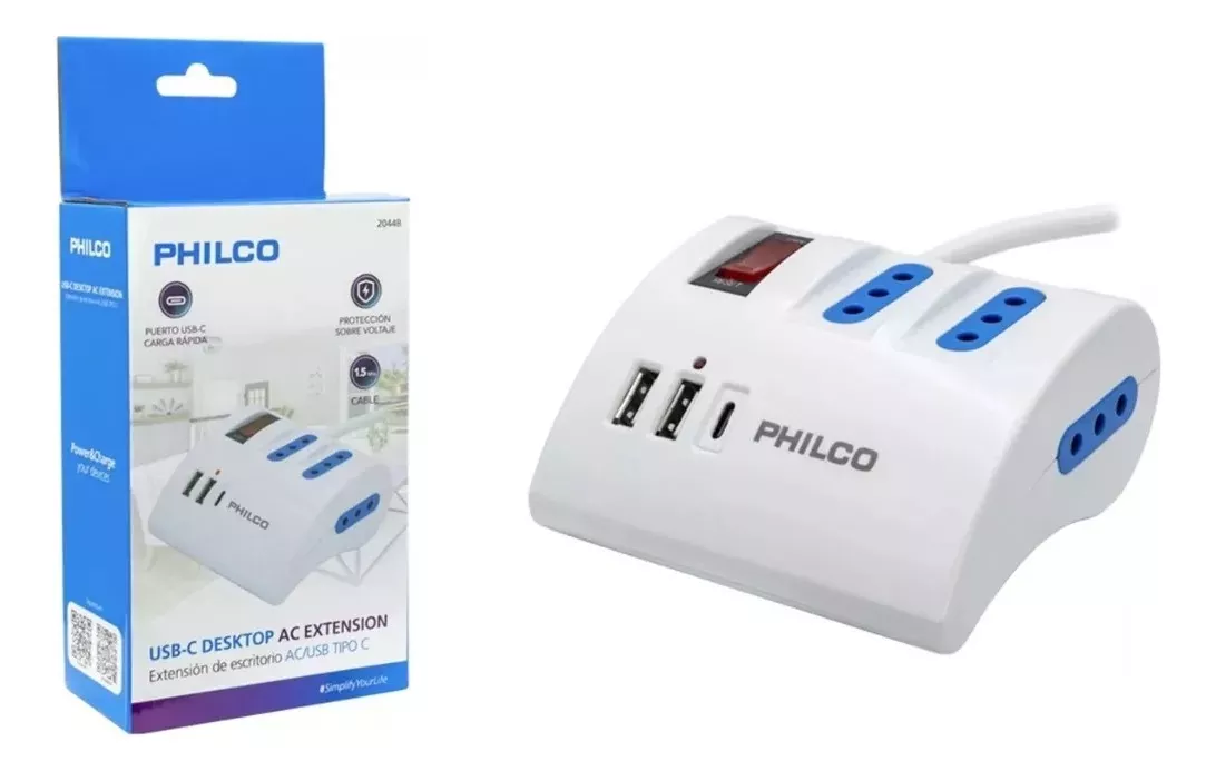 ALARGADOR EXTENSION PHILCO 3 ENCHUFES + 2 USB + 1 TIPO C - 1
