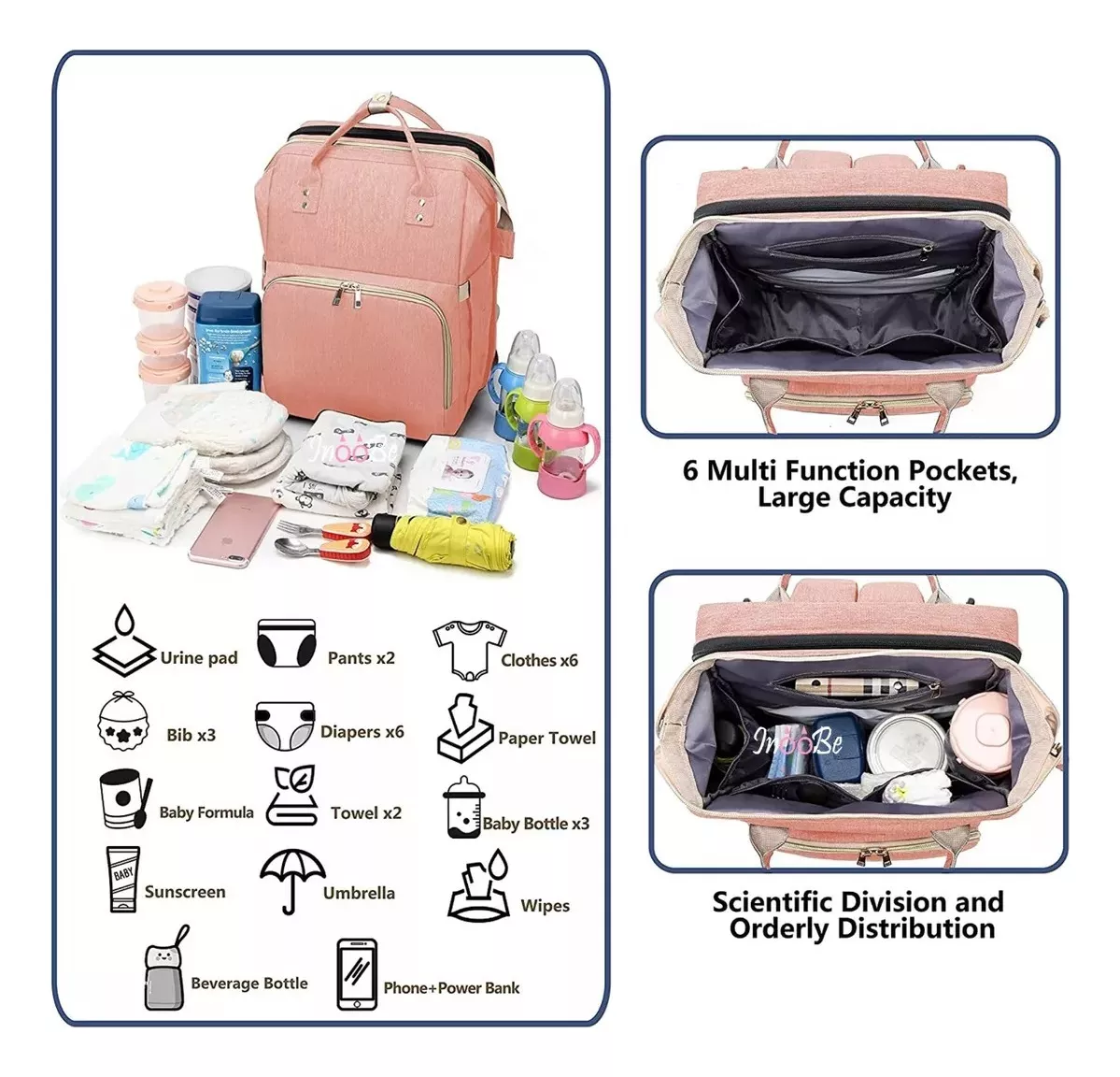 MOCHILA 3 EN 1 PAÑALERA CUNA Y MUDADOR PORTÁTIL PARA BEBÉS ROSA - 2