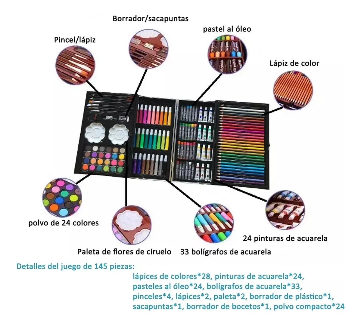 KIT DIBUJO NIÑO 133 PIEZAS PINTURA ARTE EN MALETA ALUMINIO.- - 3