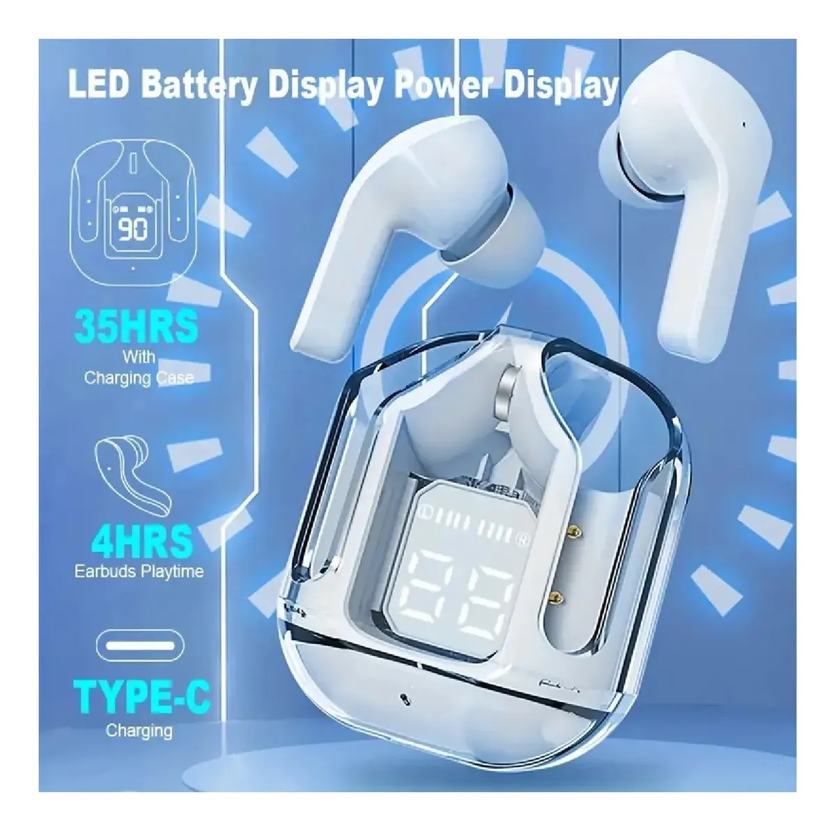AUDIFONOS INALÁMBRICOS PANTALLA DIGITAL REDUCCIÓN RUIDO IPX4 AZUL - 2