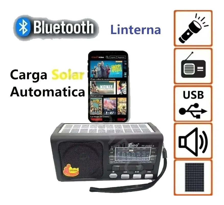 RADIO SOLAR BLUETOOTH LINTERNA , USB, RADIO, CARGA AUTOMATIC - 4
