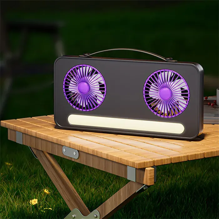 VENTILADOR DOBLE CABEZAL MESA PARED PORTATIL CON LUZ - 1