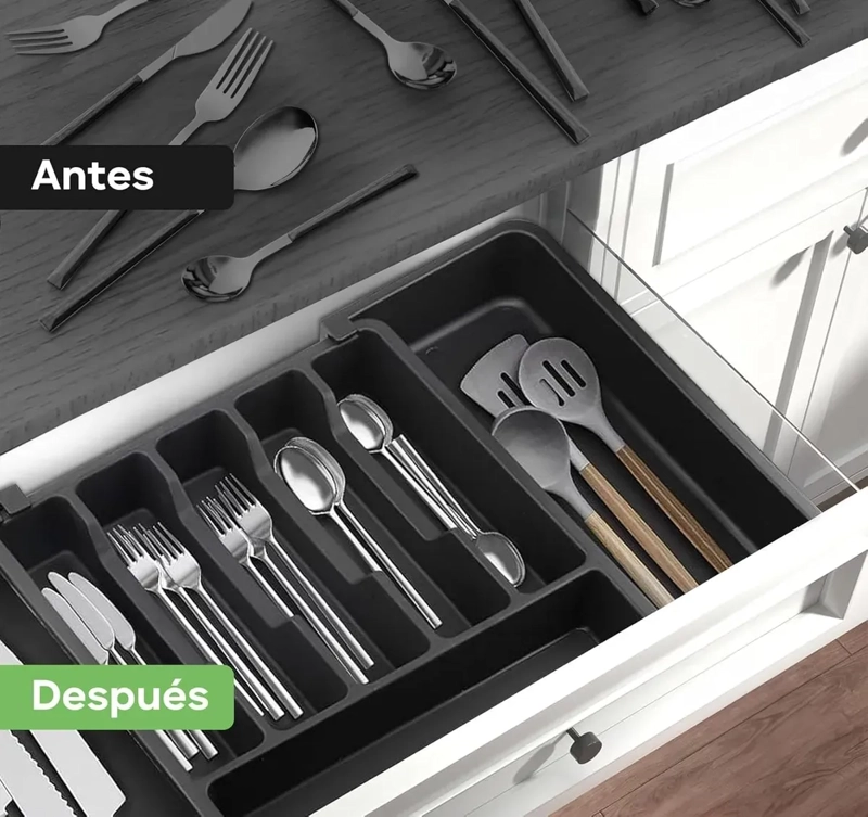ORGANIZADOR CUBIERTOS AJUSTABLE 8COMPARTIMENTOS COCINA CAJON NEGRO - 4