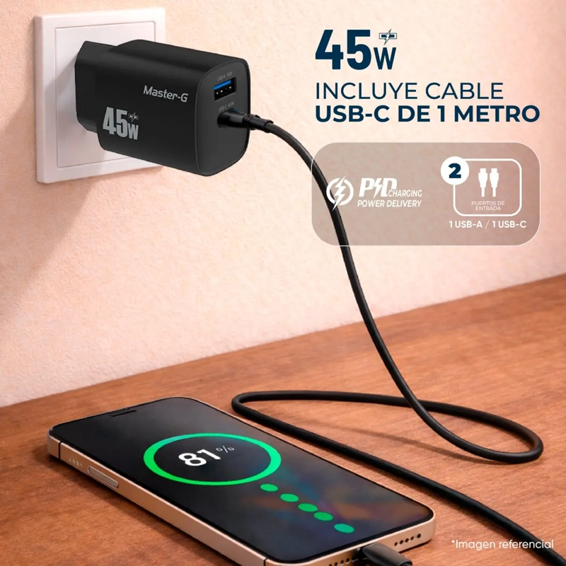 CARGADOR PORTATIL CARGA RAPIDA 45W + CABLE USB-C MASTER-G COLOR NEGRO - 1