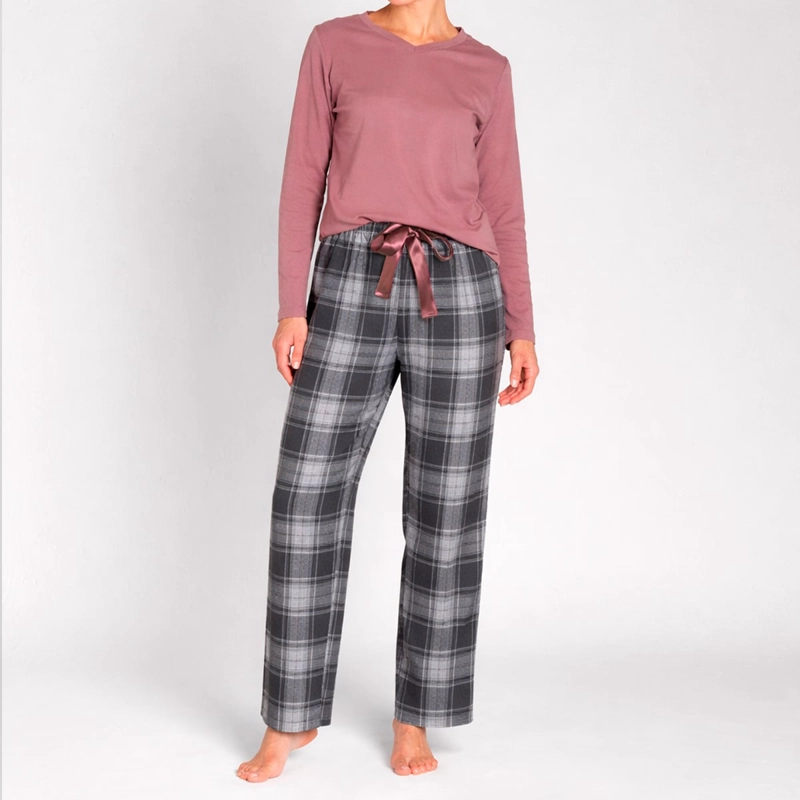 PIJAMA ALGODON M/L CUELLO V PANTALON CUADROS MUJER MONARCH - 1