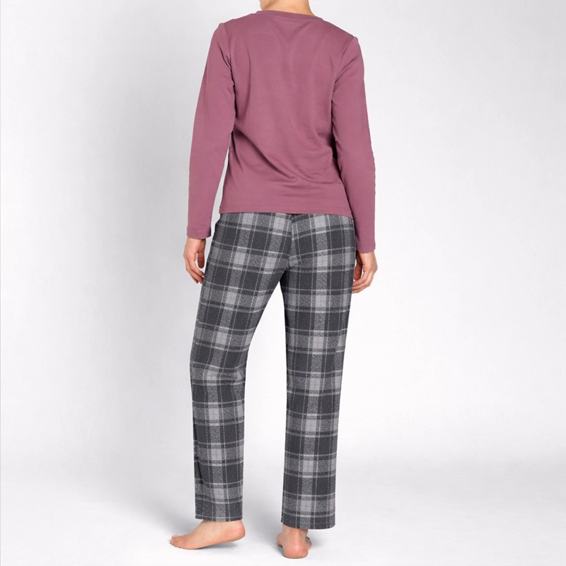 PIJAMA ALGODON M/L CUELLO V PANTALON CUADROS MUJER MONARCH - 2