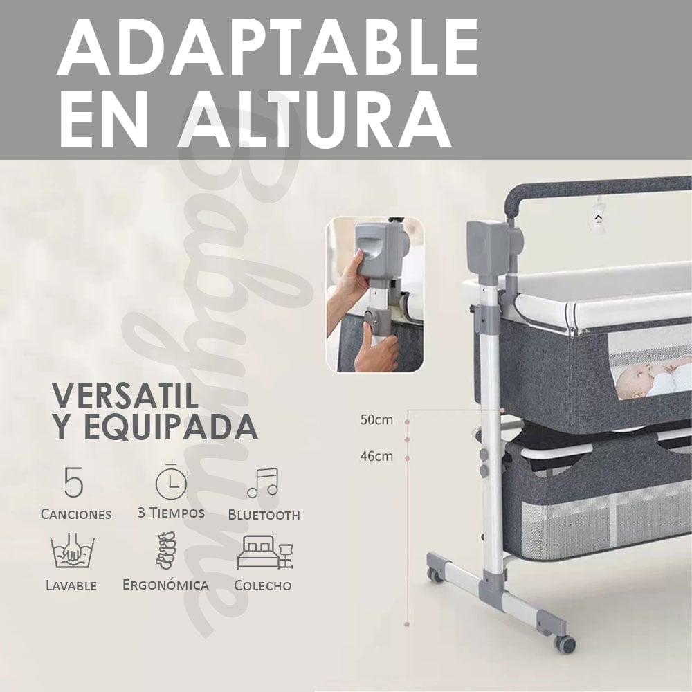 CUNA MECEDORA BABYMINE ALTA ACERO GRIS ELÉCTRICA CON BLUETOOTH - 4
