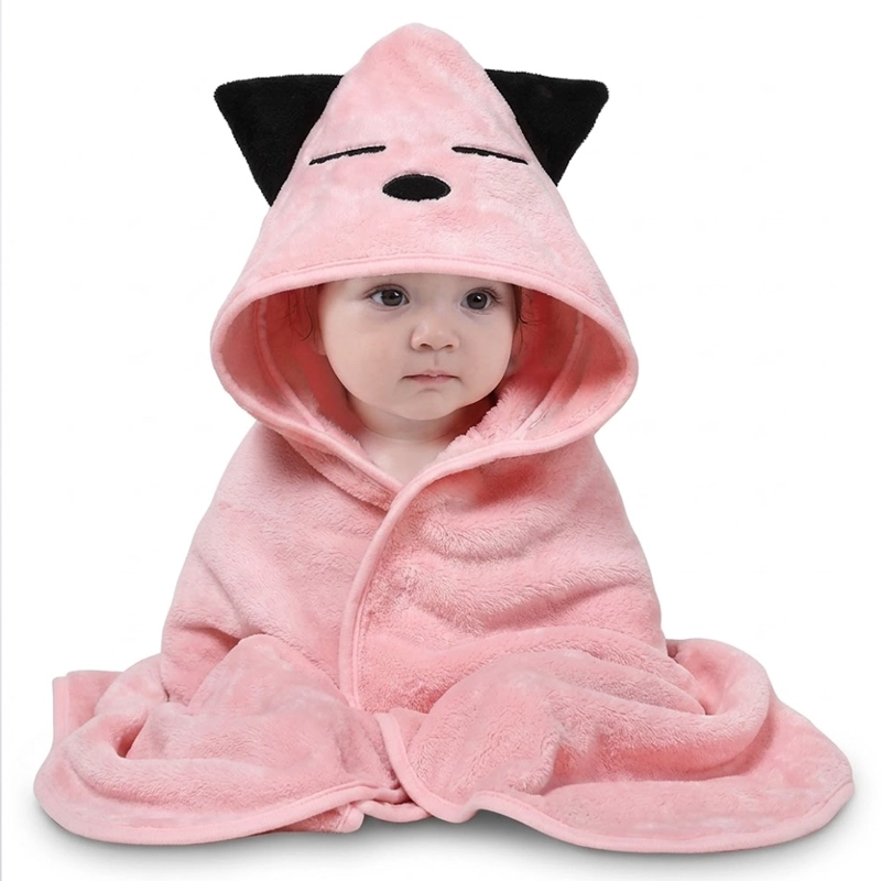 TOALLA PARA BEBE  CON CAPUCHA KAWAI ROSADO - BABYMINE - 1