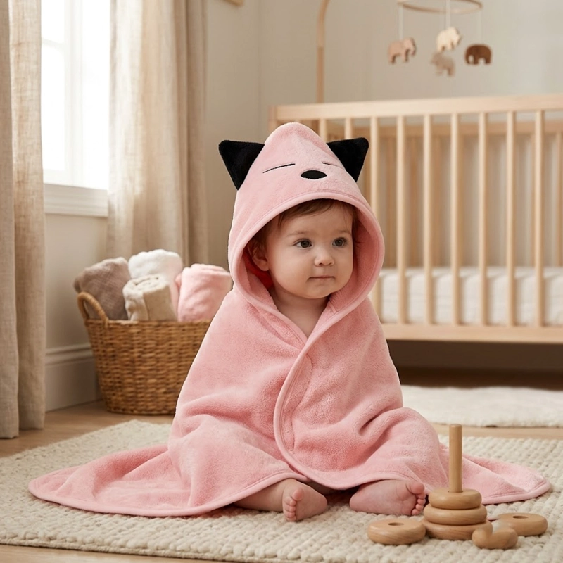 TOALLA PARA BEBE  CON CAPUCHA KAWAI ROSADO - BABYMINE - 2