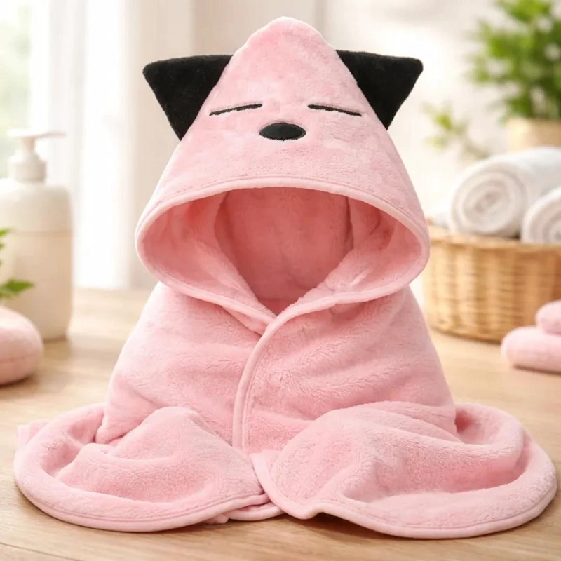 TOALLA PARA BEBE  CON CAPUCHA KAWAI ROSADO - BABYMINE - 3