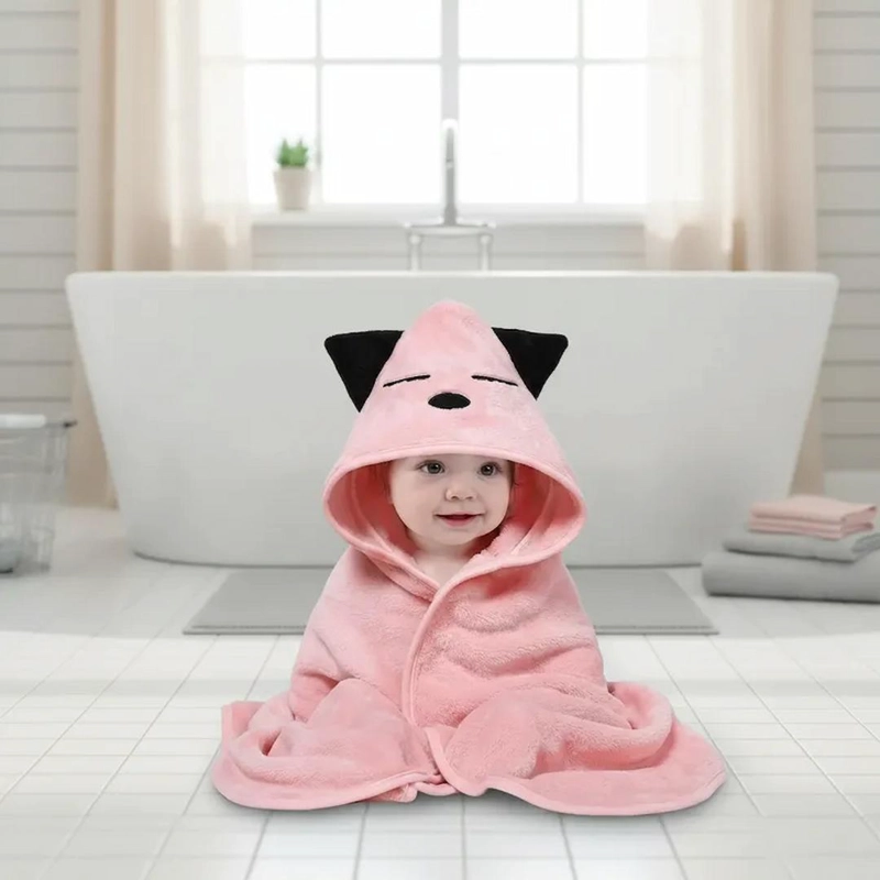 TOALLA PARA BEBE  CON CAPUCHA KAWAI ROSADO - BABYMINE - 5