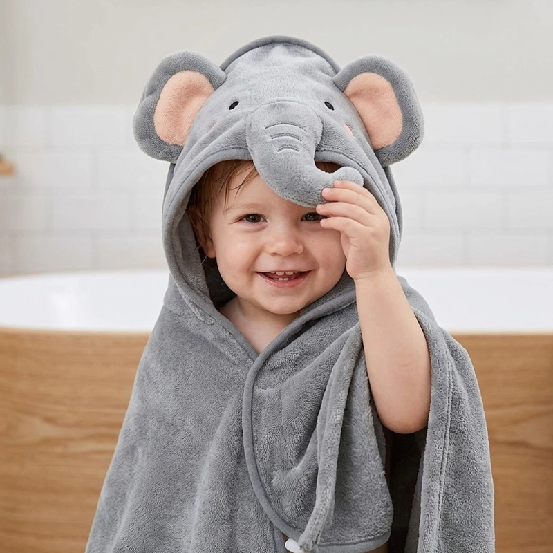 TOALLA PARA BEBE  CON CAPUCHA ELEFANTE GRIS - BABYMINE - 2
