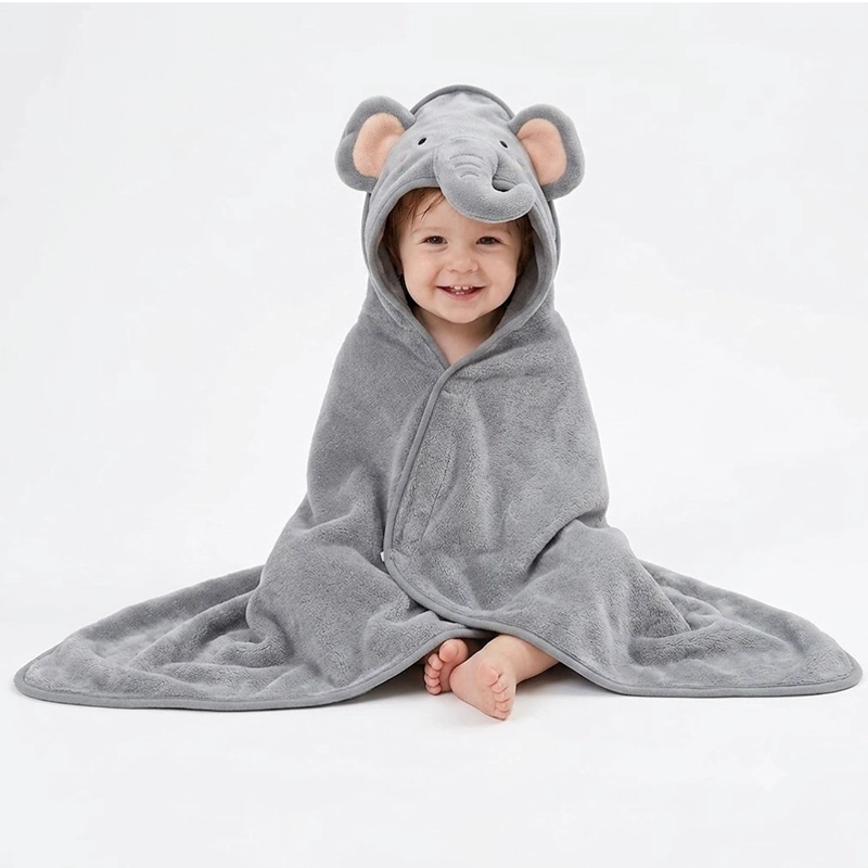 TOALLA PARA BEBE  CON CAPUCHA ELEFANTE GRIS - BABYMINE - 4
