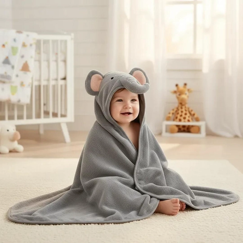 TOALLA PARA BEBE  CON CAPUCHA ELEFANTE GRIS - BABYMINE - 6