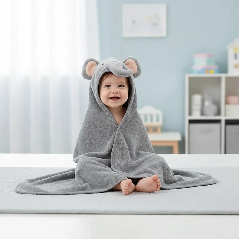 TOALLA PARA BEBE  CON CAPUCHA ELEFANTE GRIS - BABYMINE - 7