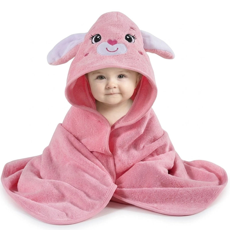 TOALLA PARA BEBE  CON CAPUCHA CONEJO ROSADO - BABYMINE - 1
