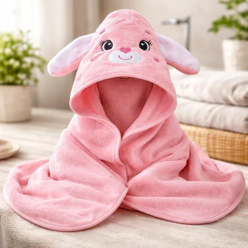 TOALLA PARA BEBE  CON CAPUCHA CONEJO ROSADO - BABYMINE - 2